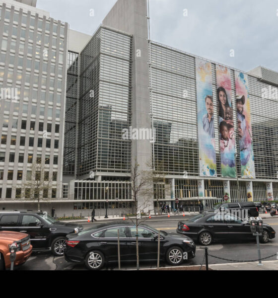world bank headquarters building washington dc with colorful banners during annual spring meetings with the imf pennsylvania avenue and 18th st MMEHW7